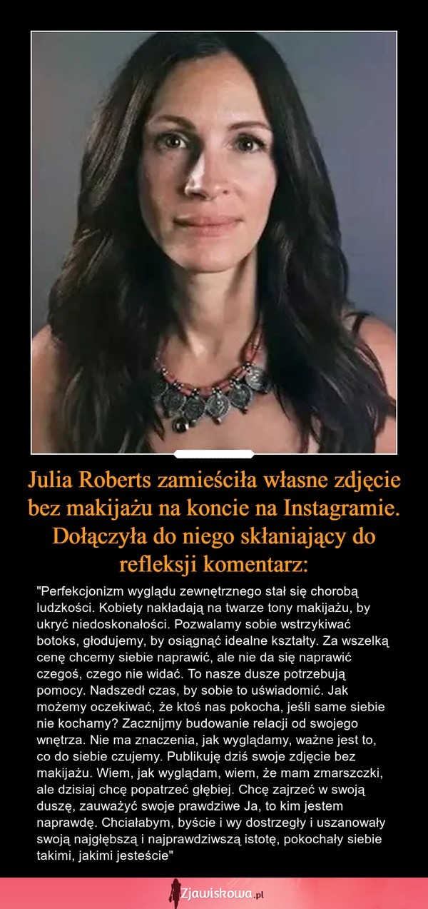 Julia Roberts zamieściła własne zdjęcie bez makijażu na Instagramie i dołączyła taki komentarz...